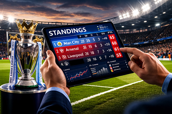 Bảng xếp hạng Giải Ngoại hạng Anh 2026 mới nhất hôm nay displayed on a digital tablet inside a football stadium