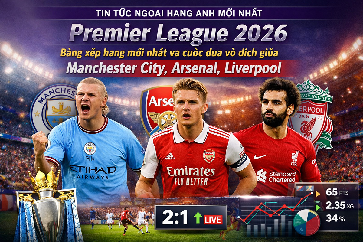 Premier League 2026 standings and title race between Manchester City, Arsenal and Liverpool in a dramatic stadium scene