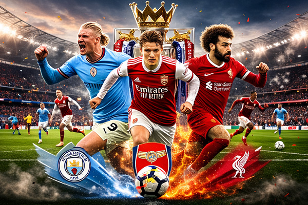 Cuộc đua vô địch Ngoại hạng Anh 2026 giữa Man City, Arsenal và Liverpool in an intense stadium battle scene